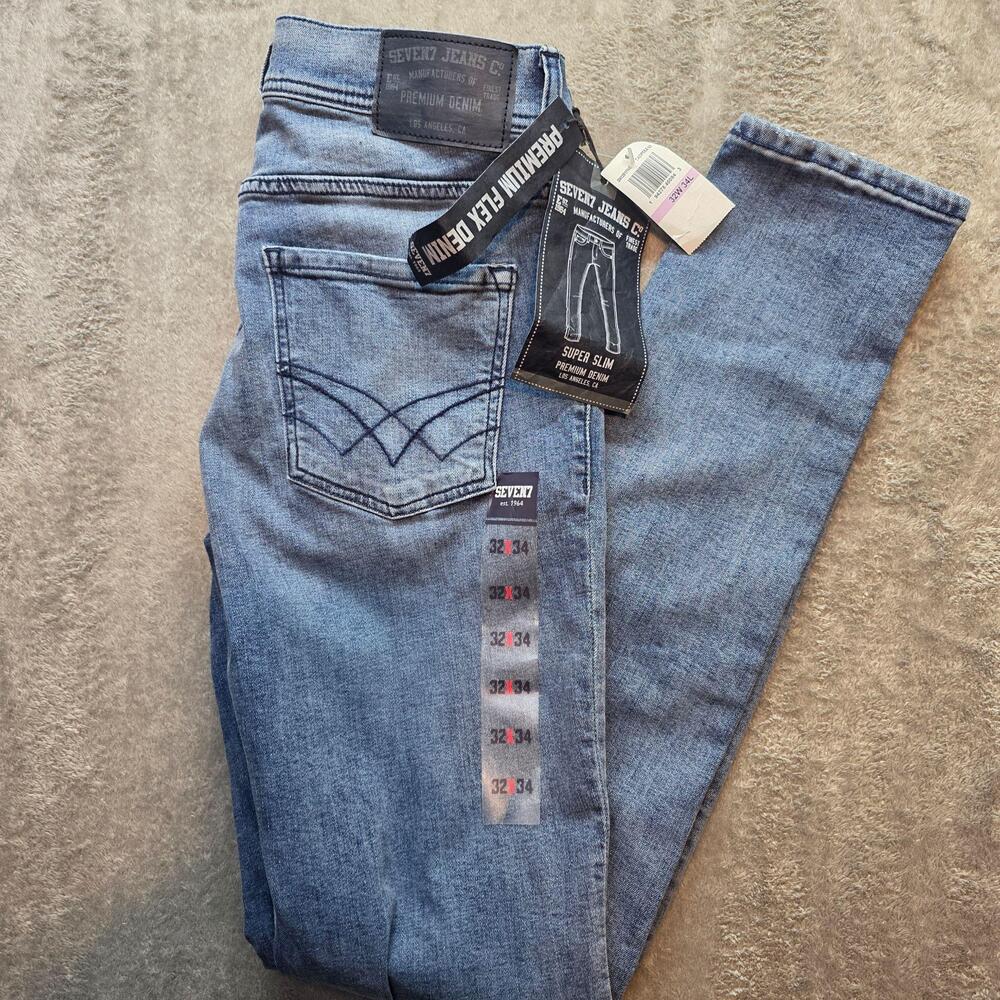 Seven7 Super Slim Jeans Mens 32x34 Blue Light Wash Skinny Stretch Premium Denim